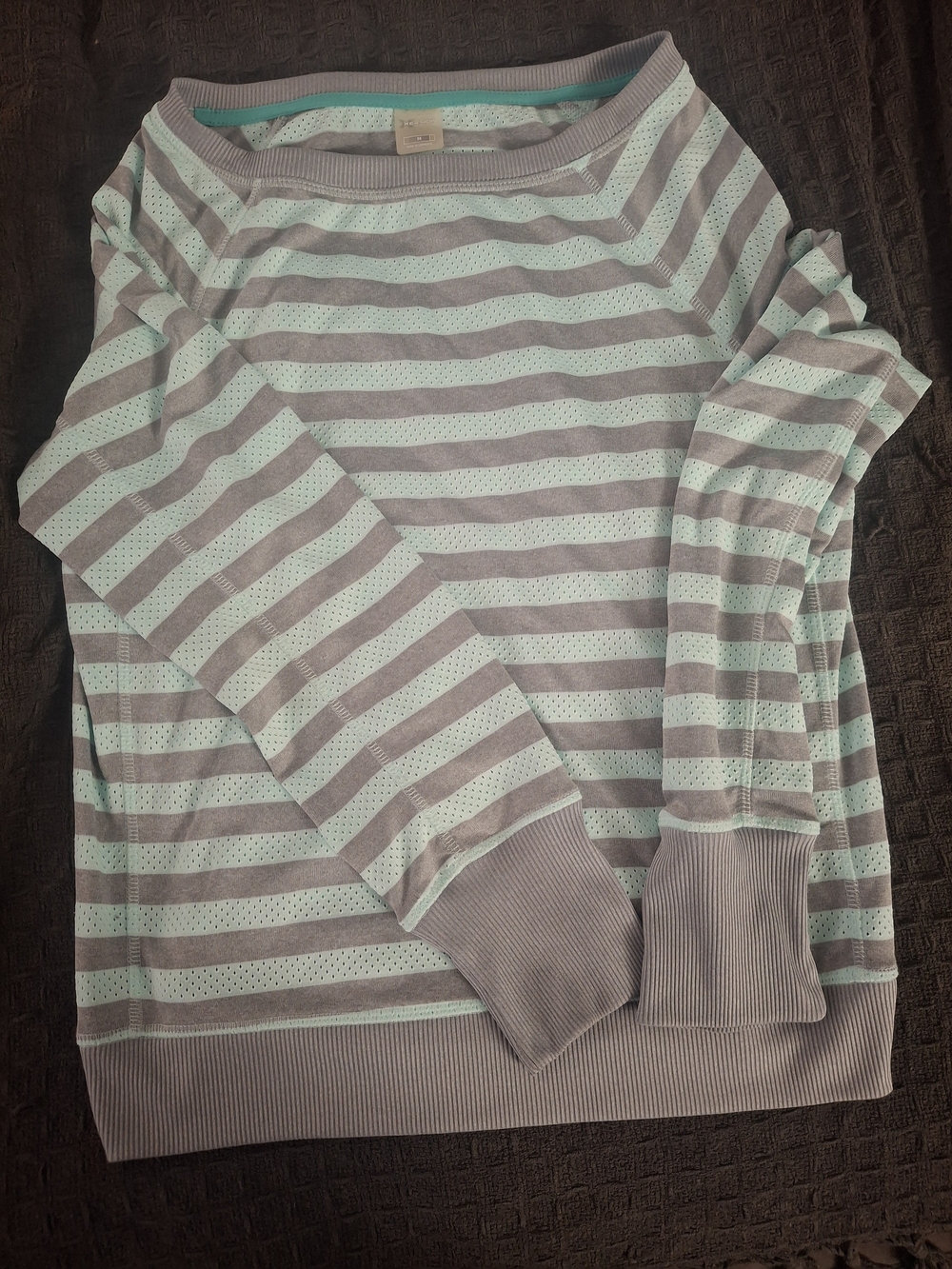 Xersion Mint and Gray Striped Scoop Neck Sweater